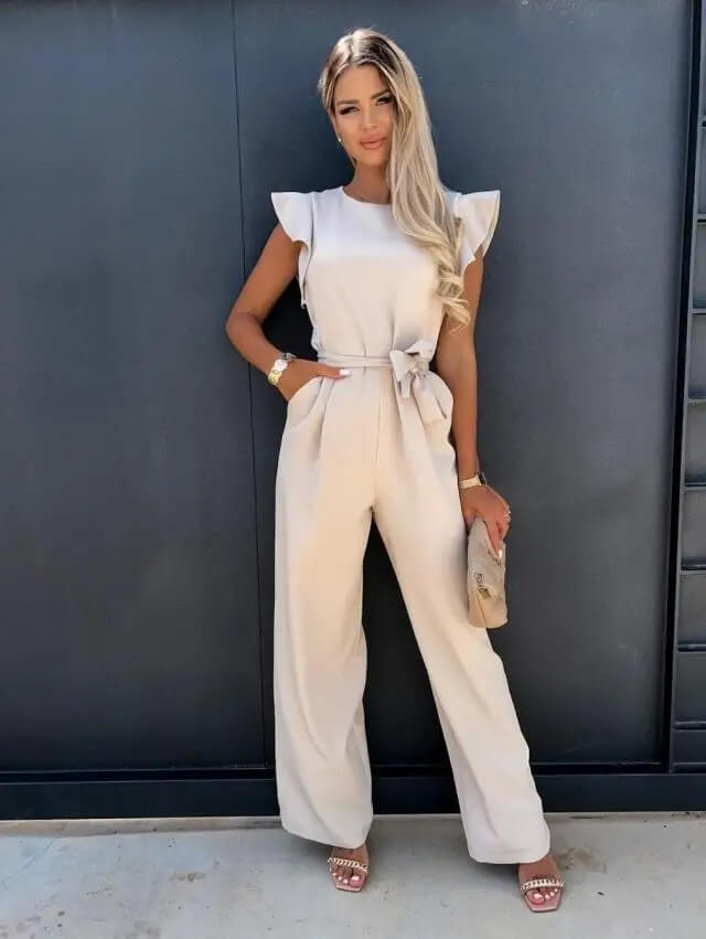 Miriam | Women's Flutter Sleeve Wide Leg Jumpsuit - Beige - Image 1