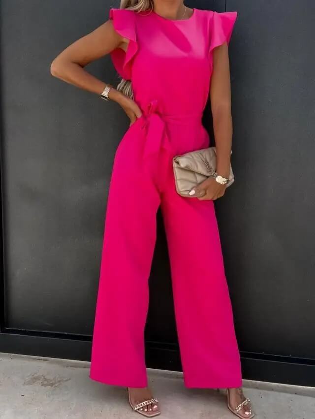 Miriam | Women's Flutter Sleeve Wide Leg Jumpsuit - Beige - Image 7