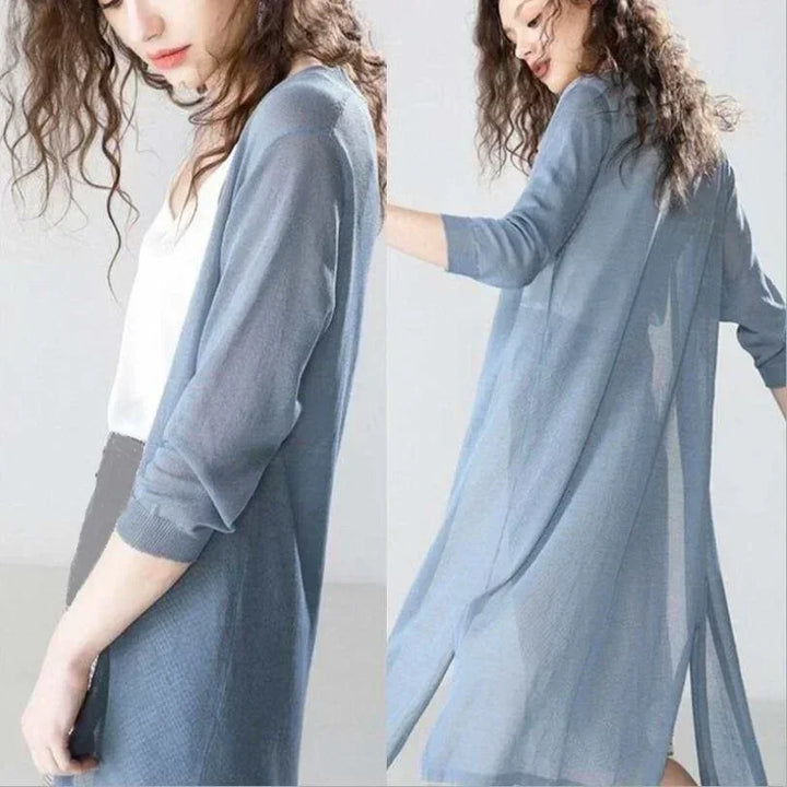 Miriam | Women's Open Front Long Sleeve Cardigan - Light Grey - Image 4