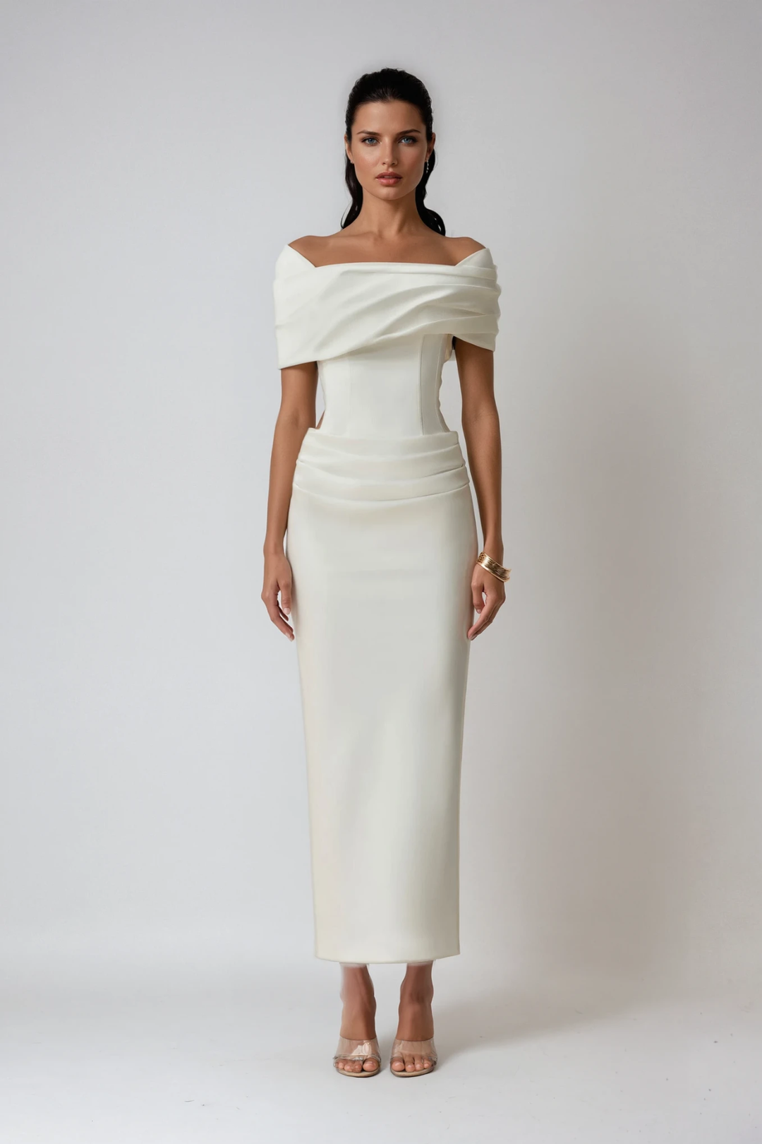 Nadette | Women's Off-Shoulder Ruched Maxi Dress - Cream - Image 1