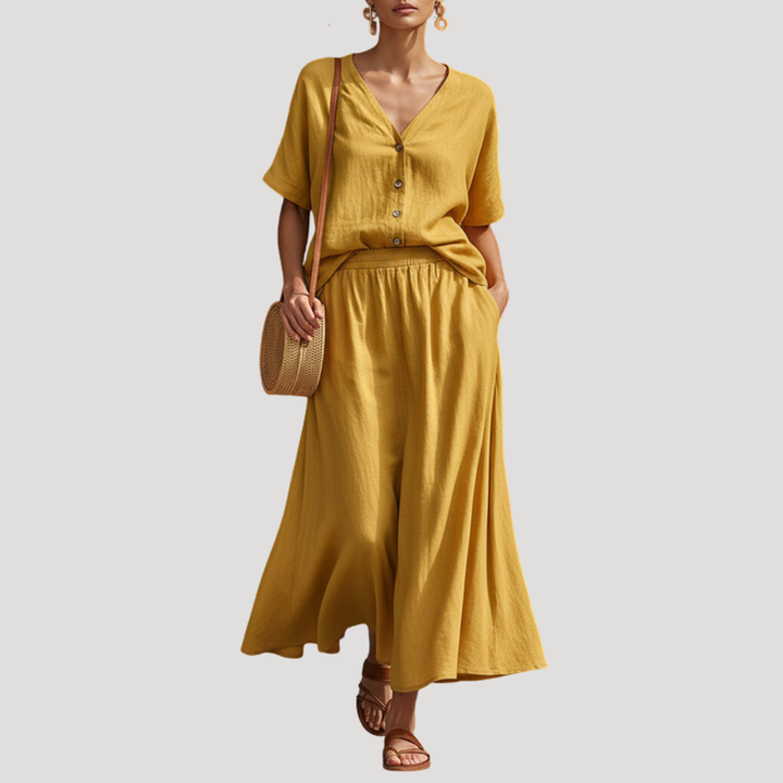 Natasha | Women's Button Front Midi Skirt Set - Yellow - Image 1