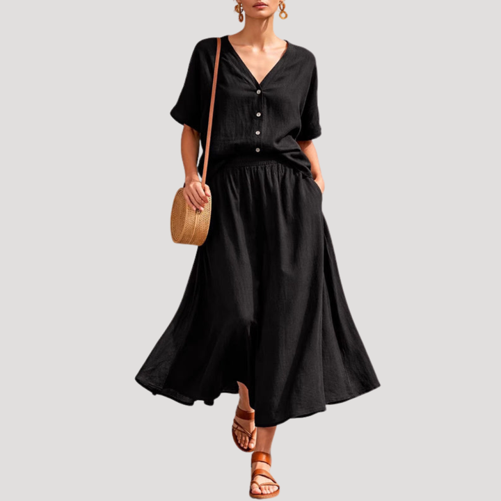 Natasha | Women's Button Front Midi Skirt Set - Yellow - Image 3