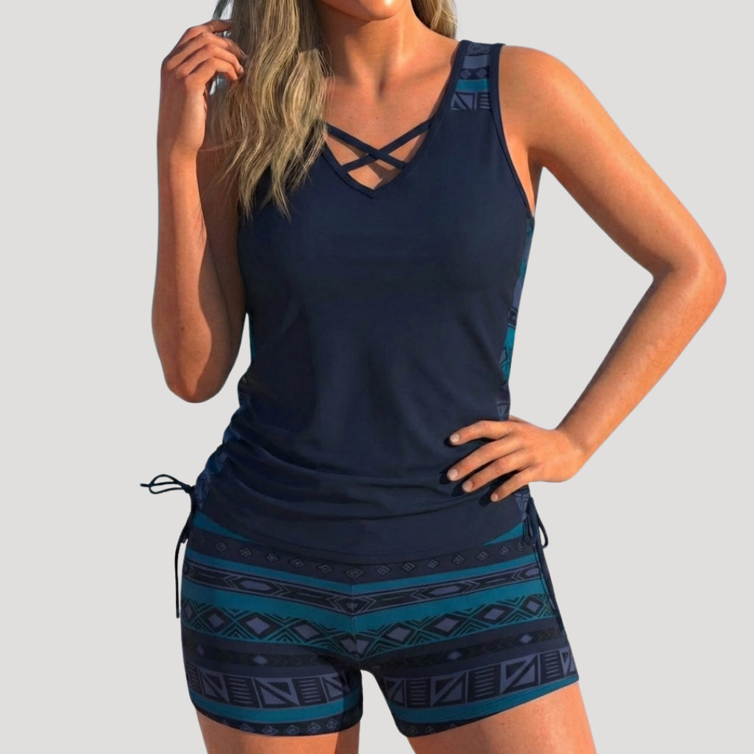 Nerida | Women's Crisscross V-Neck Tankini with Shorts - Grey - Image 3