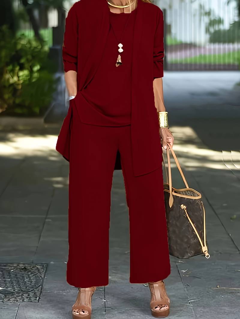 Ophira | Women's Round Neck Long Sleeve 3 Piece Set - Burgundy - Image 1