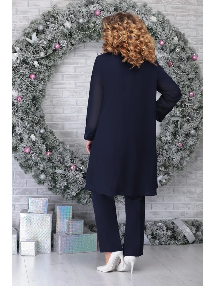 Orinthia | Women's Plus Size Lace Sleeve Pant Suit Set - Blue - Image 4
