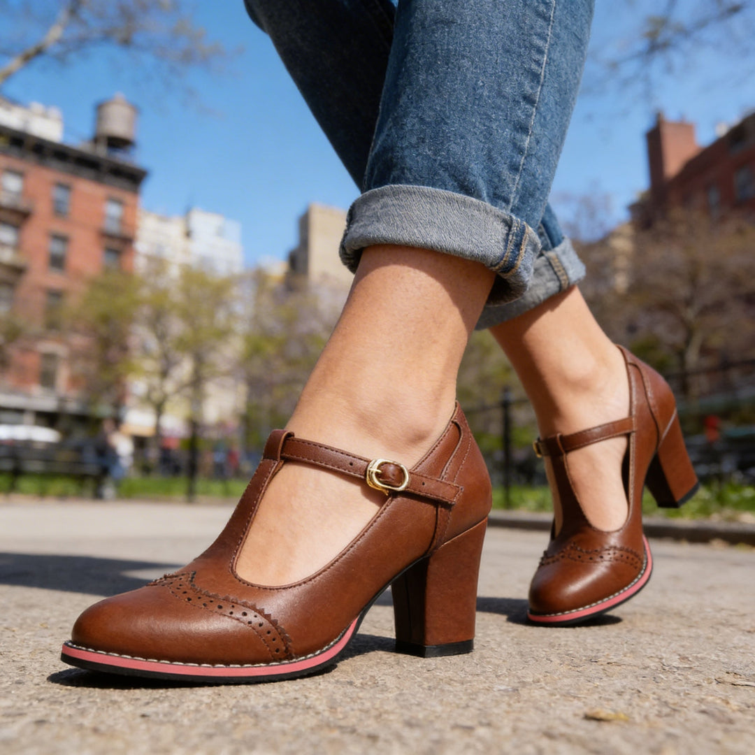 Ottavia | Women's T-Strap Brogue Block Heel Mary Jane - Black - Image 2