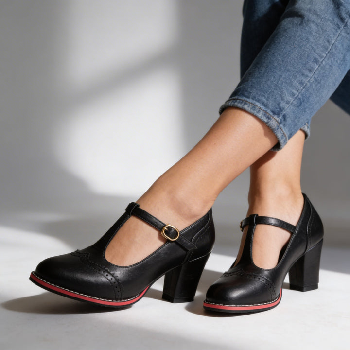 Ottavia | Women's T-Strap Brogue Block Heel Mary Jane - Black - Image 3