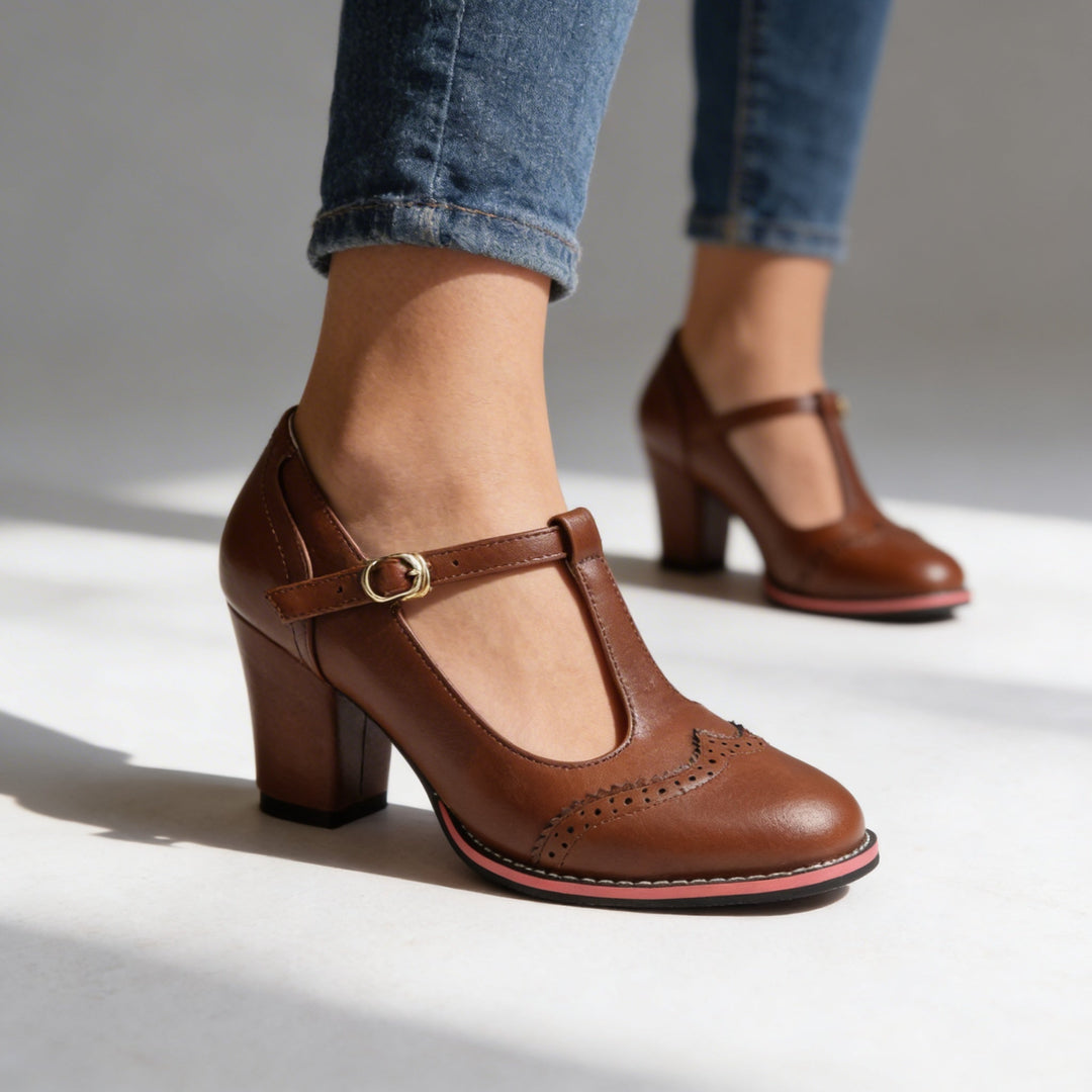 Ottavia | Women's T-Strap Brogue Block Heel Mary Jane - Black - Image 4