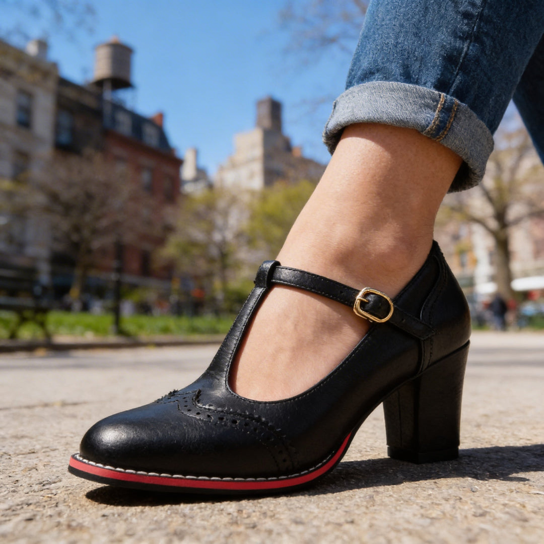 Ottavia | Women's T-Strap Brogue Block Heel Mary Jane - Black - Image 5