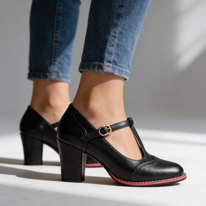 Ottavia | Women's T-Strap Brogue Block Heel Mary Jane - Black - Image 7