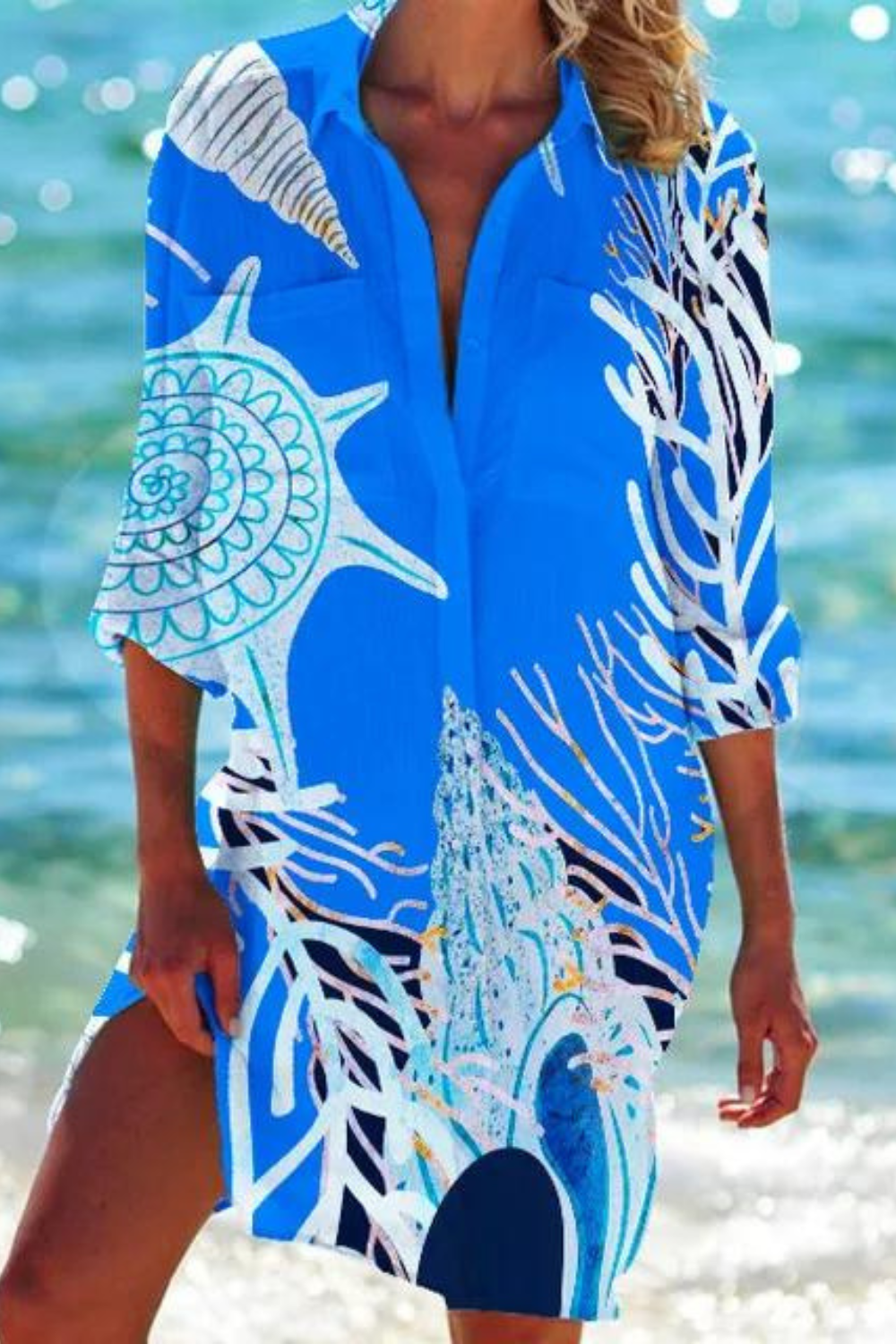Paloma | Women's Printed Button Down Beach Cover Up - Blue - Image 1
