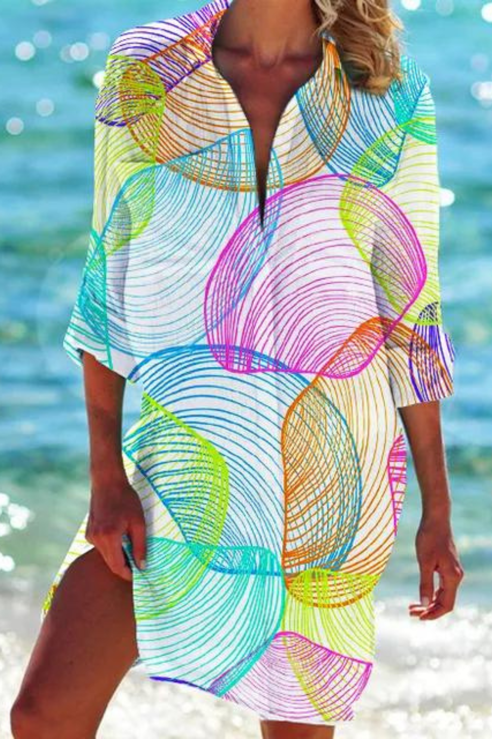 Paloma | Women's Printed Button Down Beach Cover Up - Blue - Image 10