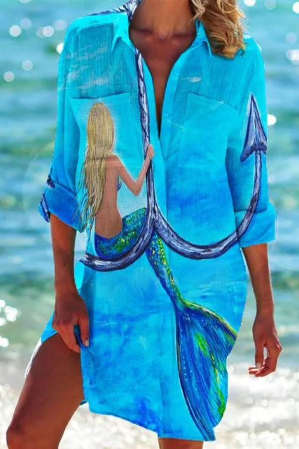 Paloma | Women's Printed Button Down Beach Cover Up - Blue - Image 2