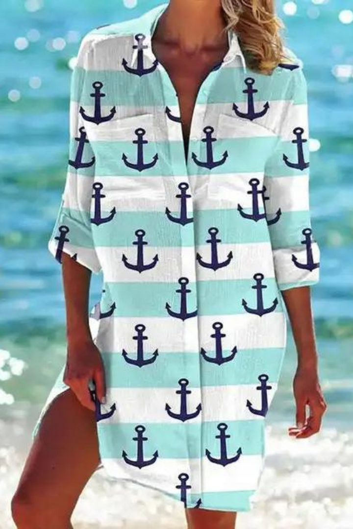 Paloma | Women's Printed Button Down Beach Cover Up - Blue - Image 3