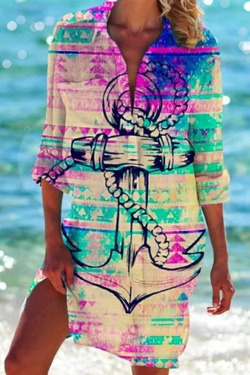 Paloma | Women's Printed Button Down Beach Cover Up - Blue - Image 4