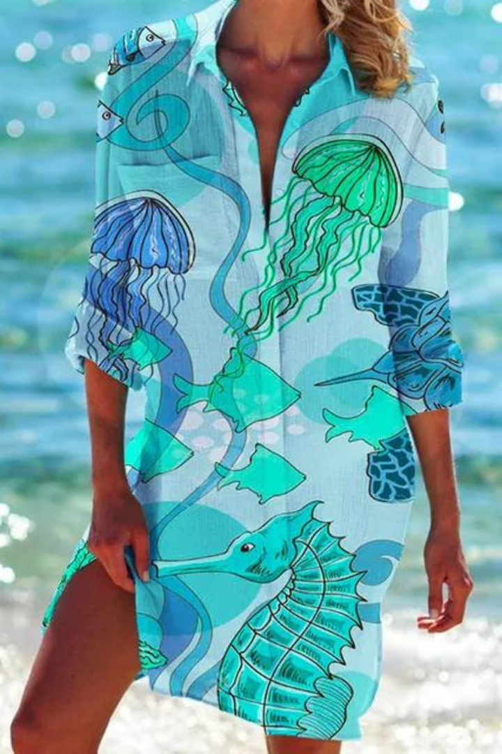 Paloma | Women's Printed Button Down Beach Cover Up - Blue - Image 5