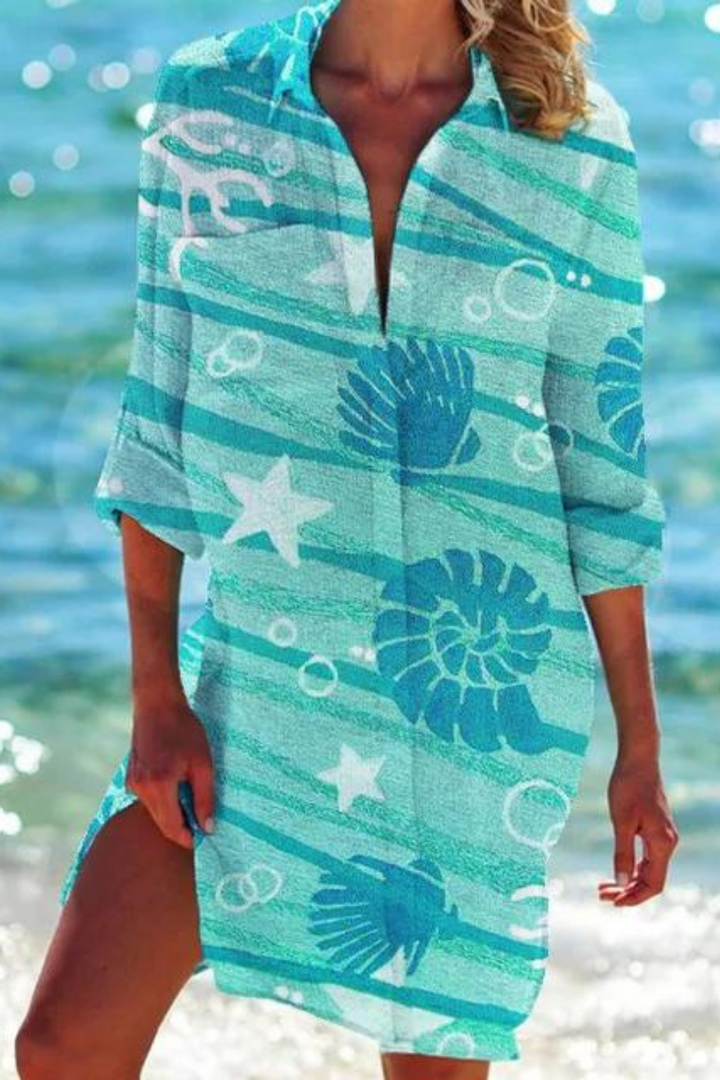 Paloma | Women's Printed Button Down Beach Cover Up - Blue - Image 6