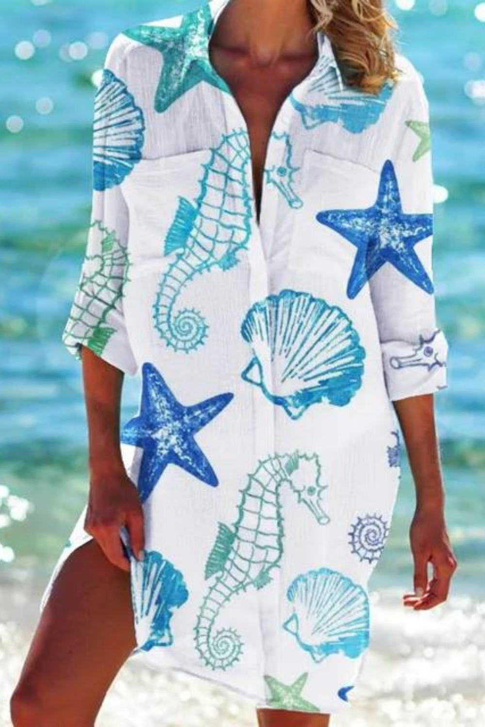 Paloma | Women's Printed Button Down Beach Cover Up - Blue - Image 7