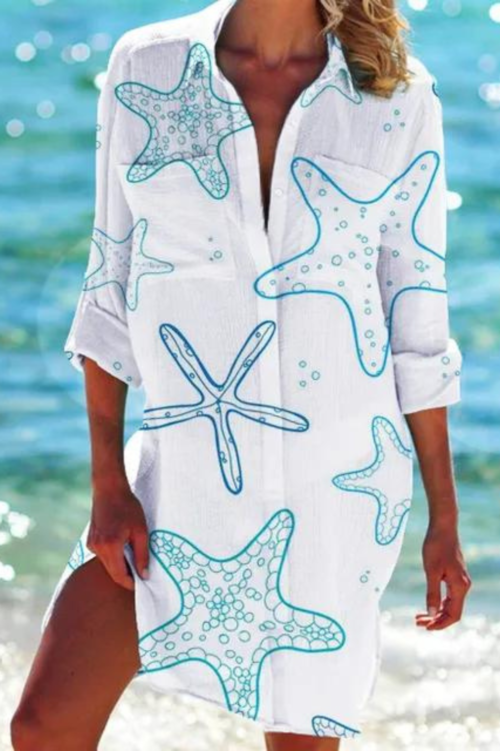 Paloma | Women's Printed Button Down Beach Cover Up - Blue - Image 8