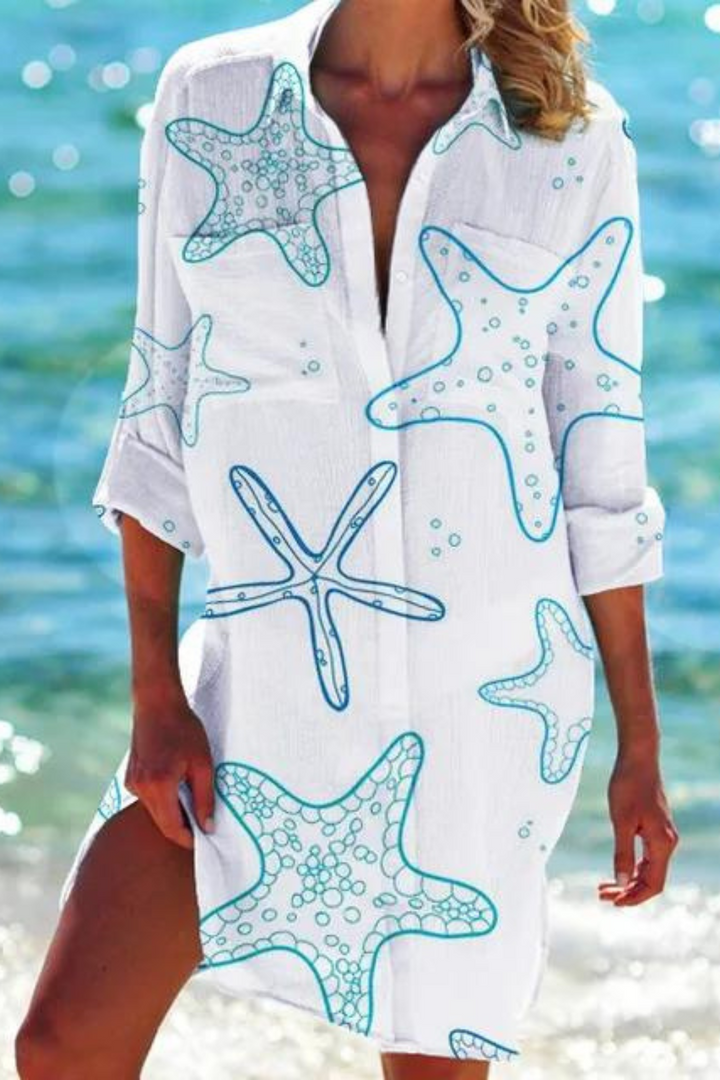 Paloma | Women's Printed Button Down Beach Cover Up - Blue - Image 8
