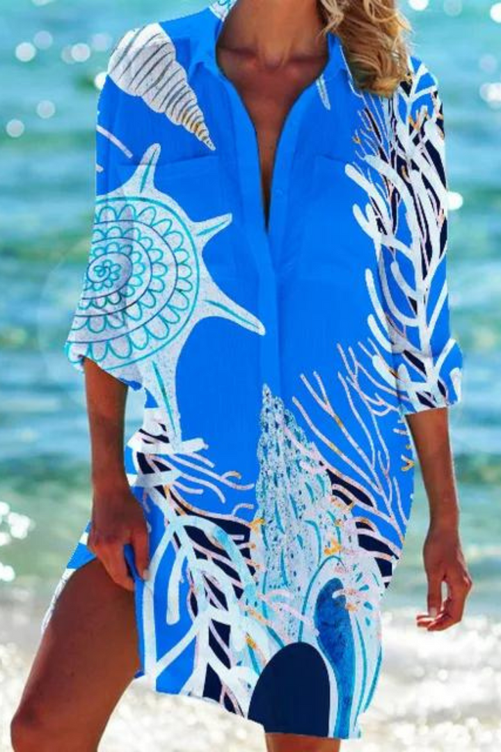 Paloma | Women's Printed Button Down Beach Cover Up - Blue - Image 9
