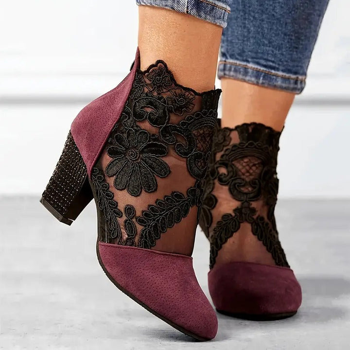 Pemba | Women's Floral Lace Block Heel Ankle Boot - Burgundy - Image 1