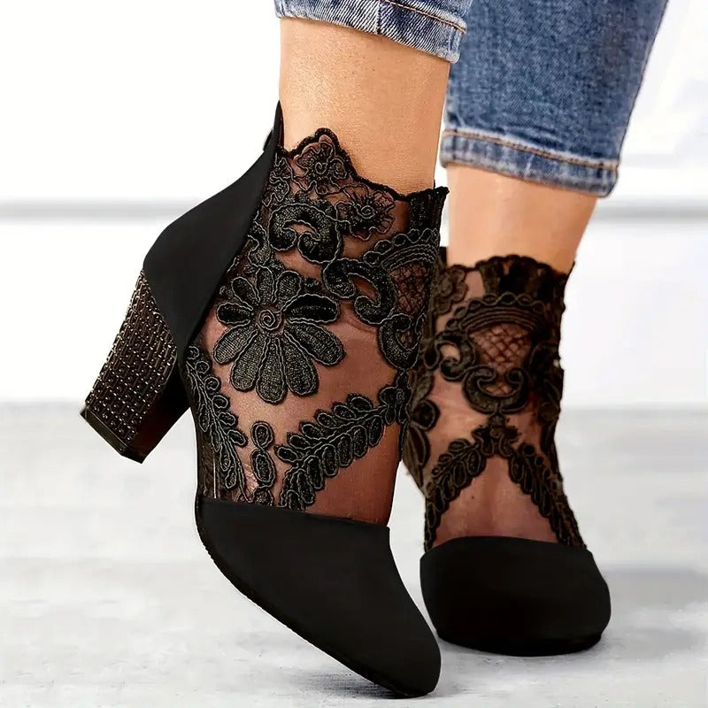 Pemba | Women's Floral Lace Block Heel Ankle Boot - Burgundy - Image 3