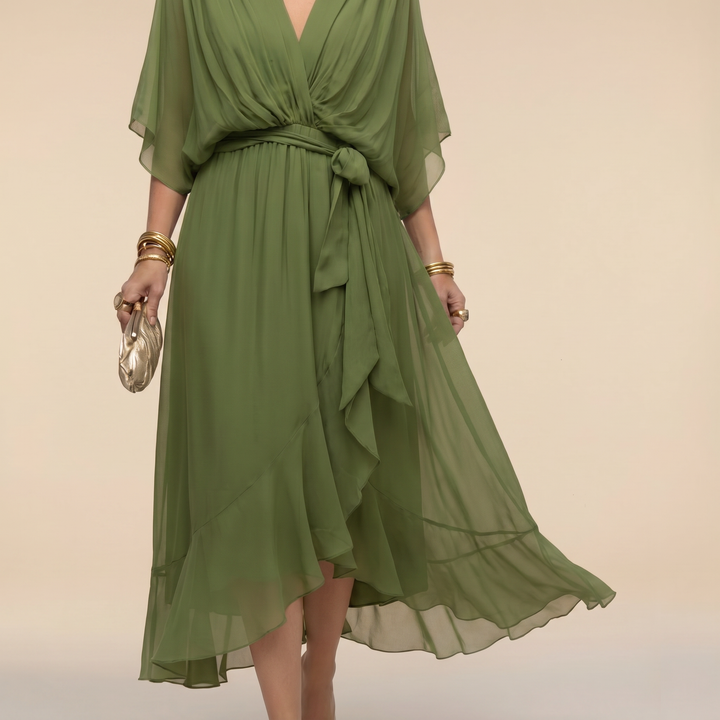 Penelope | Women's V-Neck Wrap Midi Dress - Green - Image 2