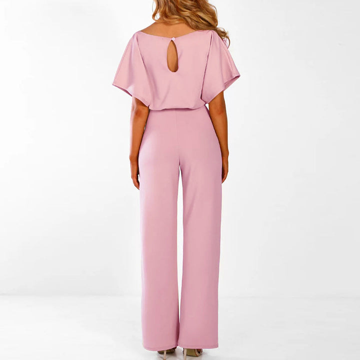 Penelope | Women's Wide Leg Short Sleeve Belted Jumpsuit - Navy - Image 2