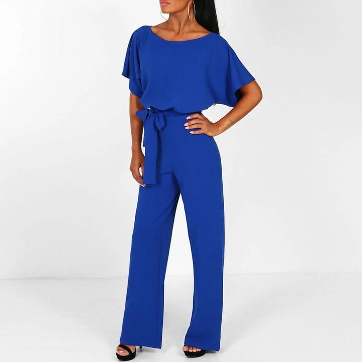 Penelope | Women's Wide Leg Short Sleeve Belted Jumpsuit - Navy - Image 5