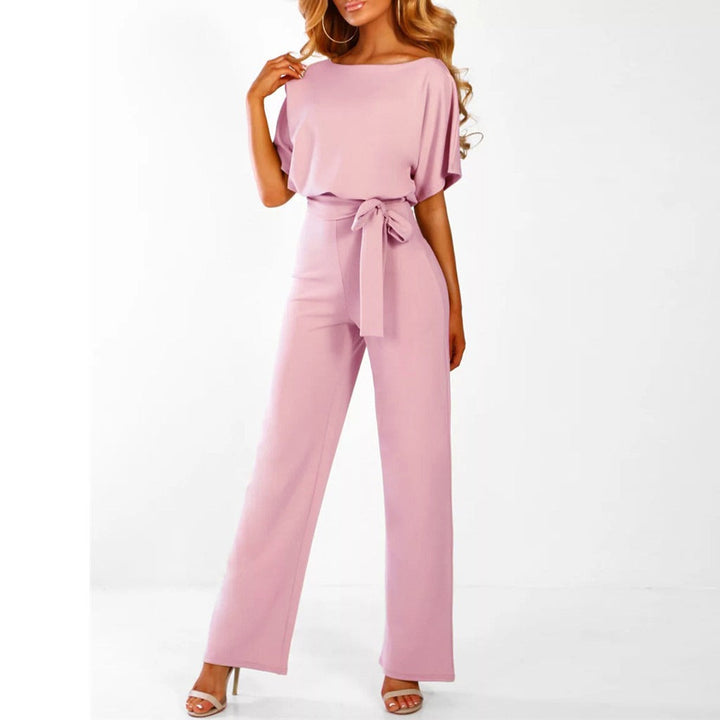 Penelope | Women's Wide Leg Short Sleeve Belted Jumpsuit - Navy - Image 7