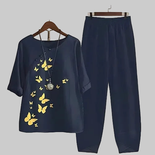 Persephone | Women's Butterfly Print Two Piece Set - Navy - Image 1
