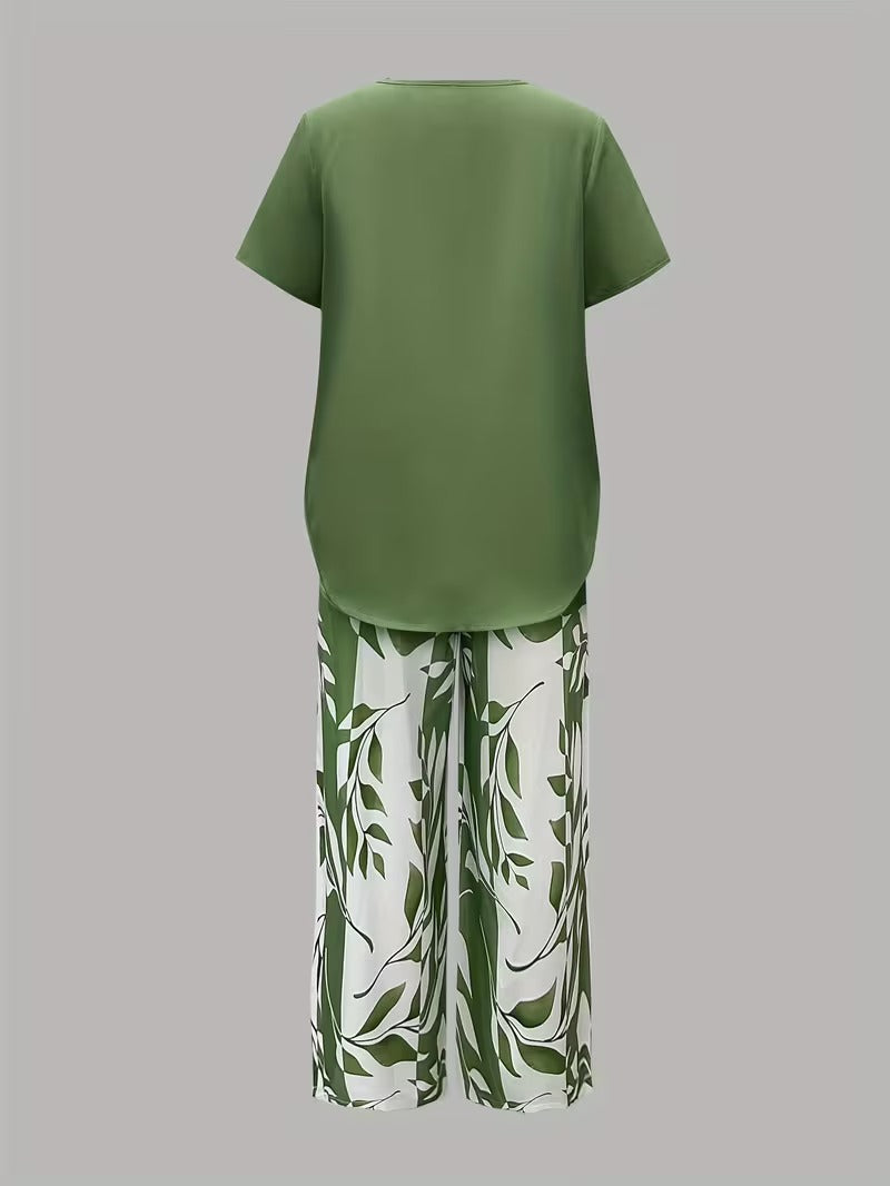 Primrose | Women's Leaf Print Two Piece Set - Green - Image 6