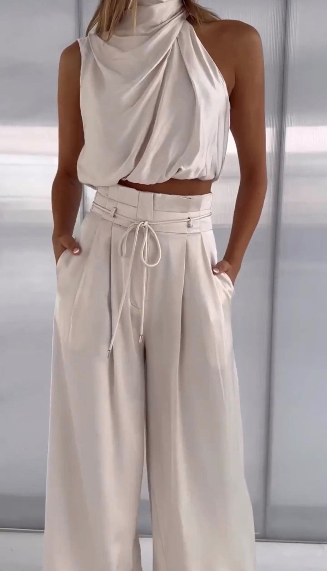 Priya | Women's Halter Crop Top Wide Leg Pants Set - Beige - Image 9
