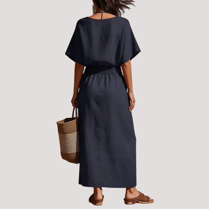 Raina | Women's Short Sleeve V Neck Two Piece Midi Set - Navy - Image 2