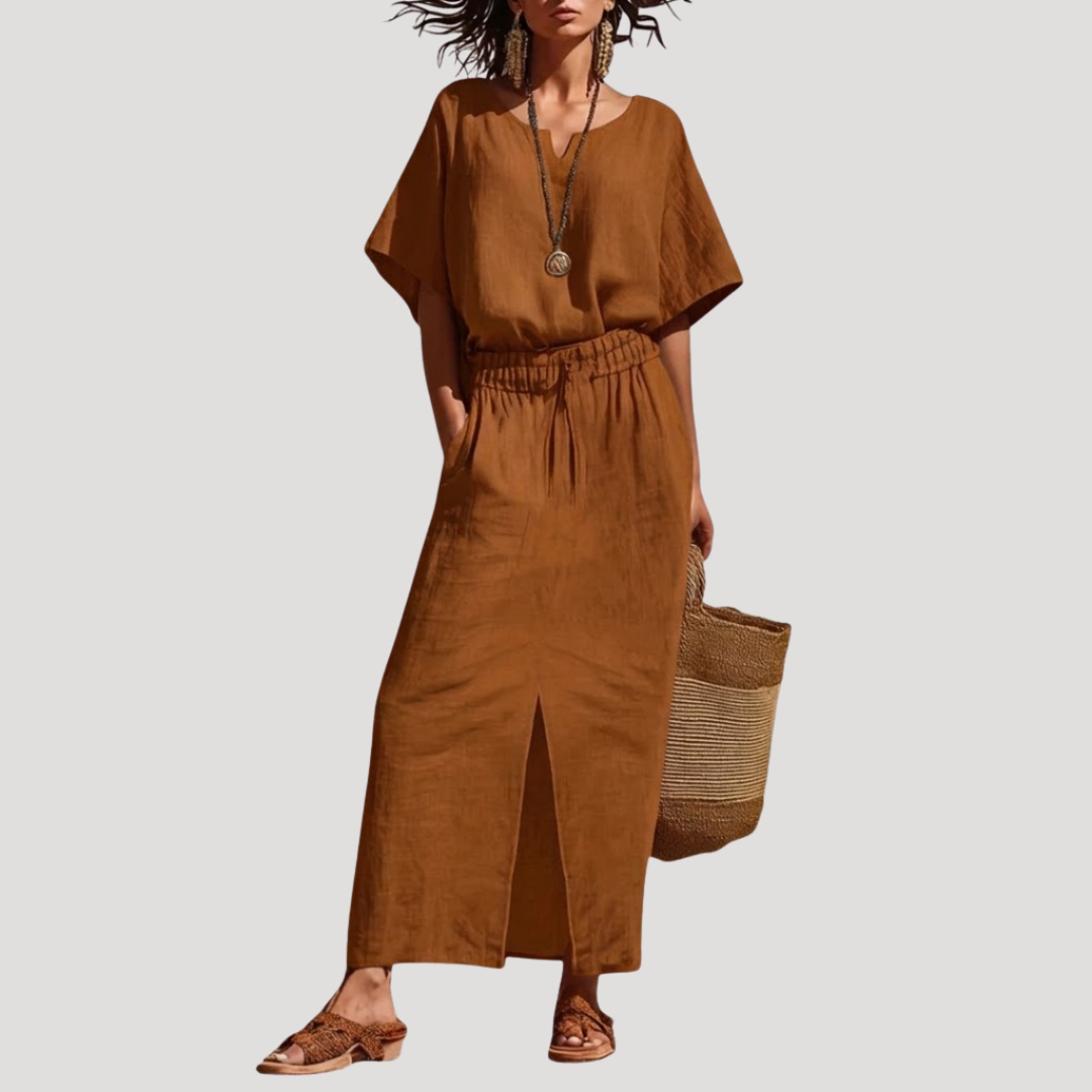 Raina | Women's Short Sleeve V Neck Two Piece Midi Set - Navy - Image 3