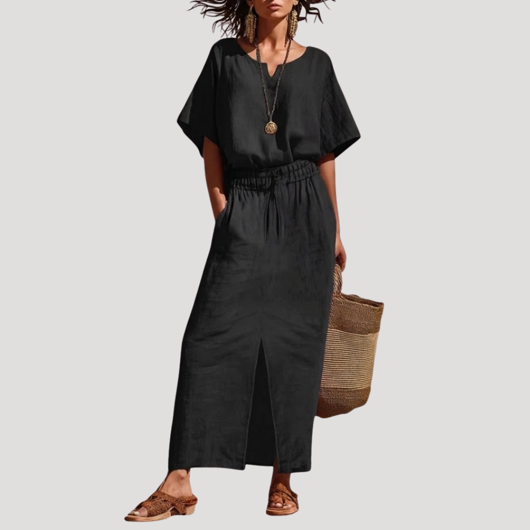 Raina | Women's Short Sleeve V Neck Two Piece Midi Set - Navy - Image 4