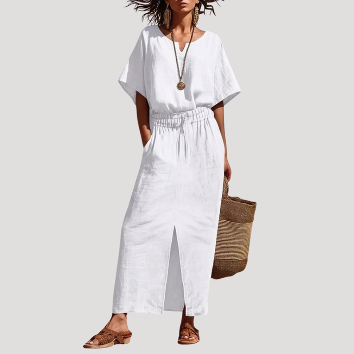 Raina | Women's Short Sleeve V Neck Two Piece Midi Set - Navy - Image 5