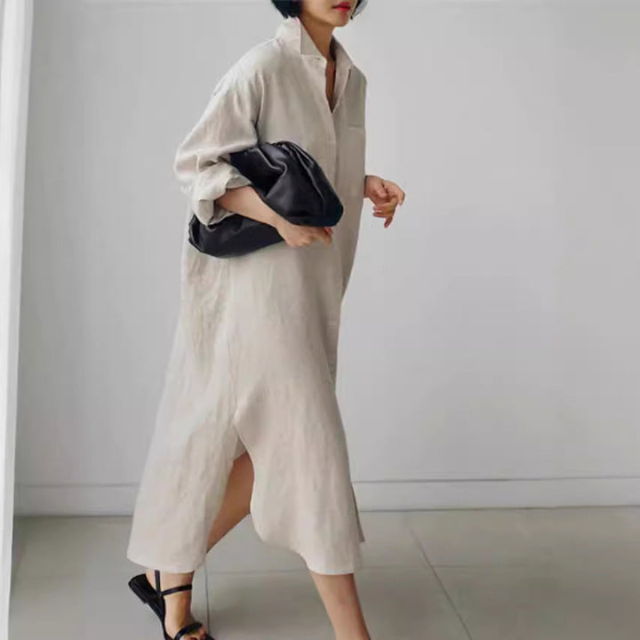 Ravenna | Women's Collared Button Down Midi Shirt Dress - Beige - Image 2