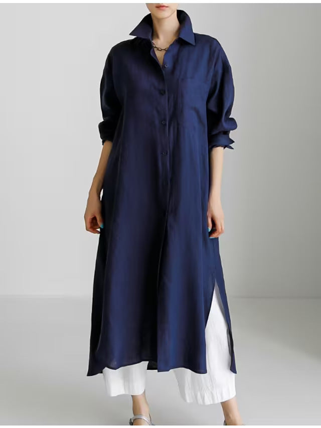 Ravenna | Women's Collared Button Down Midi Shirt Dress - Beige - Image 6