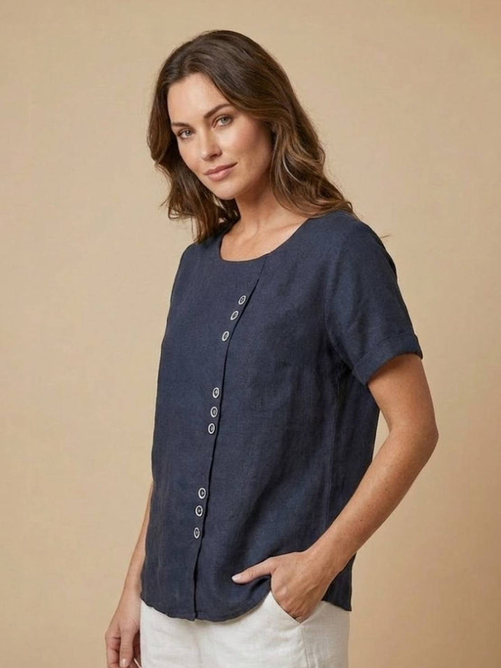 Foreen | Women's Casual Scoop Neck Button Detail Short Sleeve Top