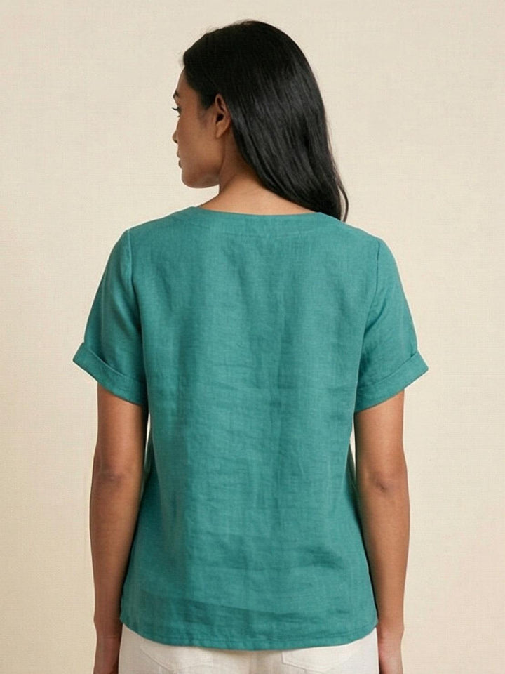 Foreen | Women's Casual Scoop Neck Button Detail Short Sleeve Top