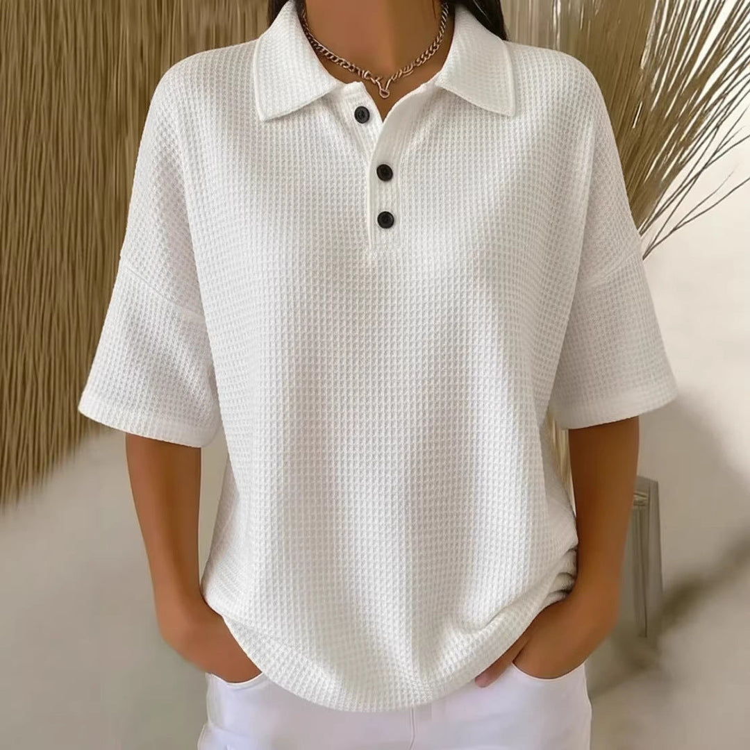 Serafina | Women's Collared Short Sleeve Polo Shirt - Red - Image 6