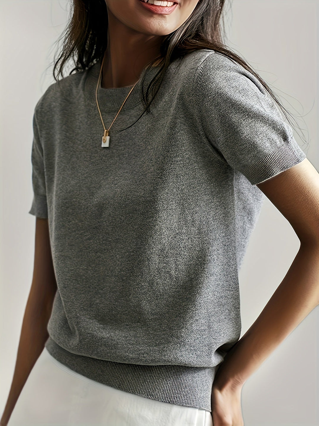 Serenity | Women's Short Sleeve Knit Sweater - Grey - Image 15
