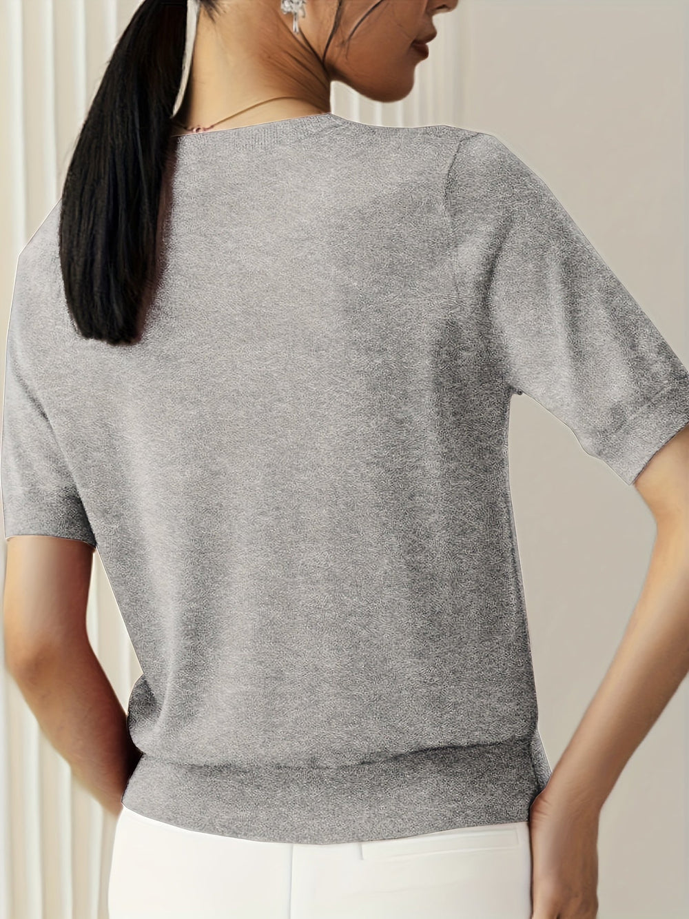Serenity | Women's Short Sleeve Knit Sweater - Grey - Image 2