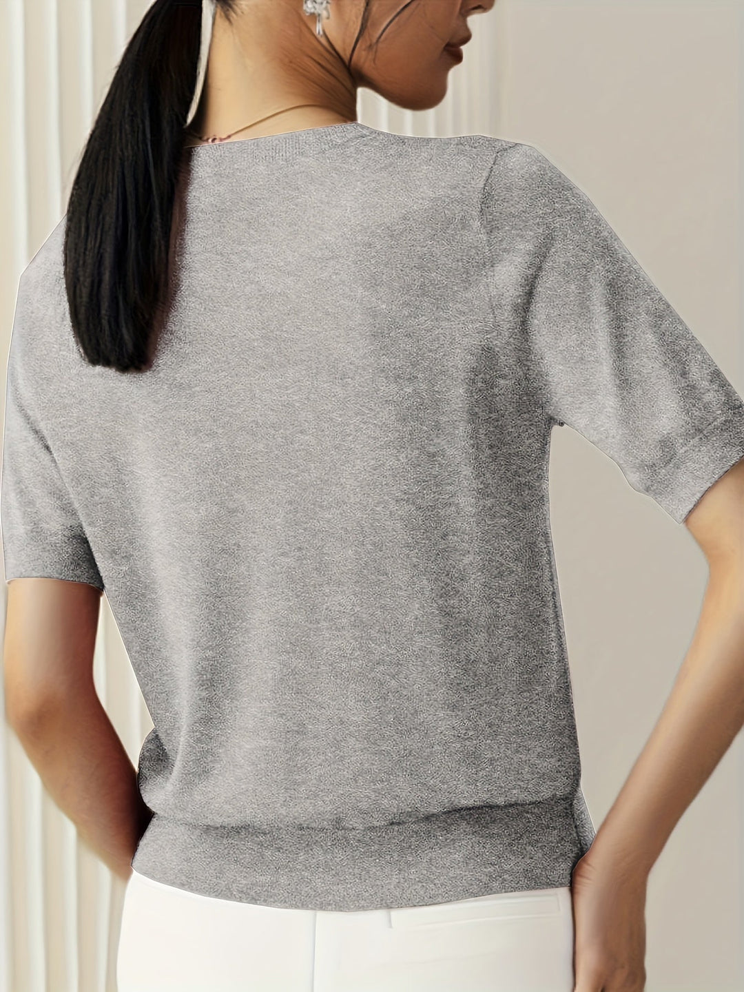 Serenity | Women's Short Sleeve Knit Sweater - Grey - Image 2