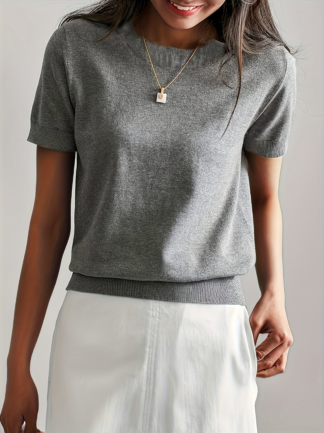 Serenity | Women's Short Sleeve Knit Sweater - Grey - Image 6