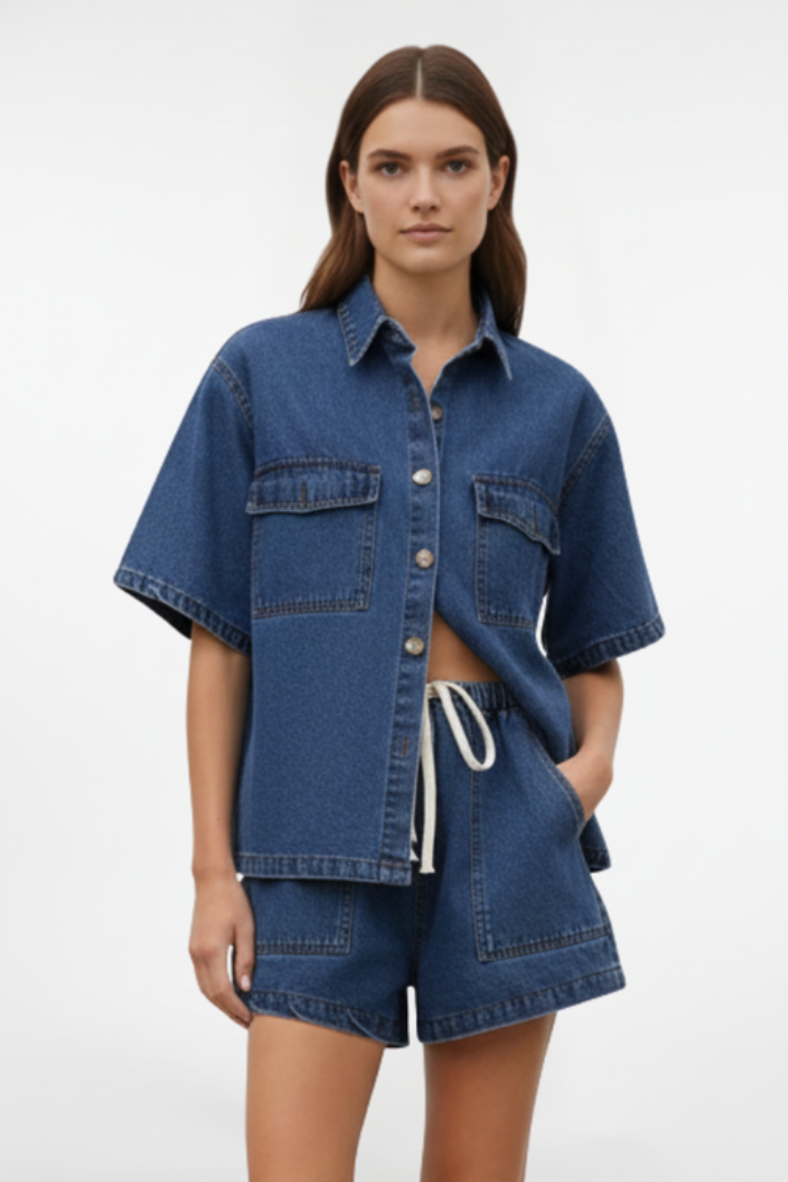 Solara | Women's Short Sleeve Collared Set - Light Blue - Image 6