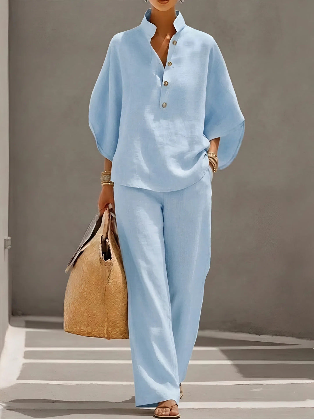 Tabitha | Women's Button Up Blouse Relaxed Set - Beige - Image 4