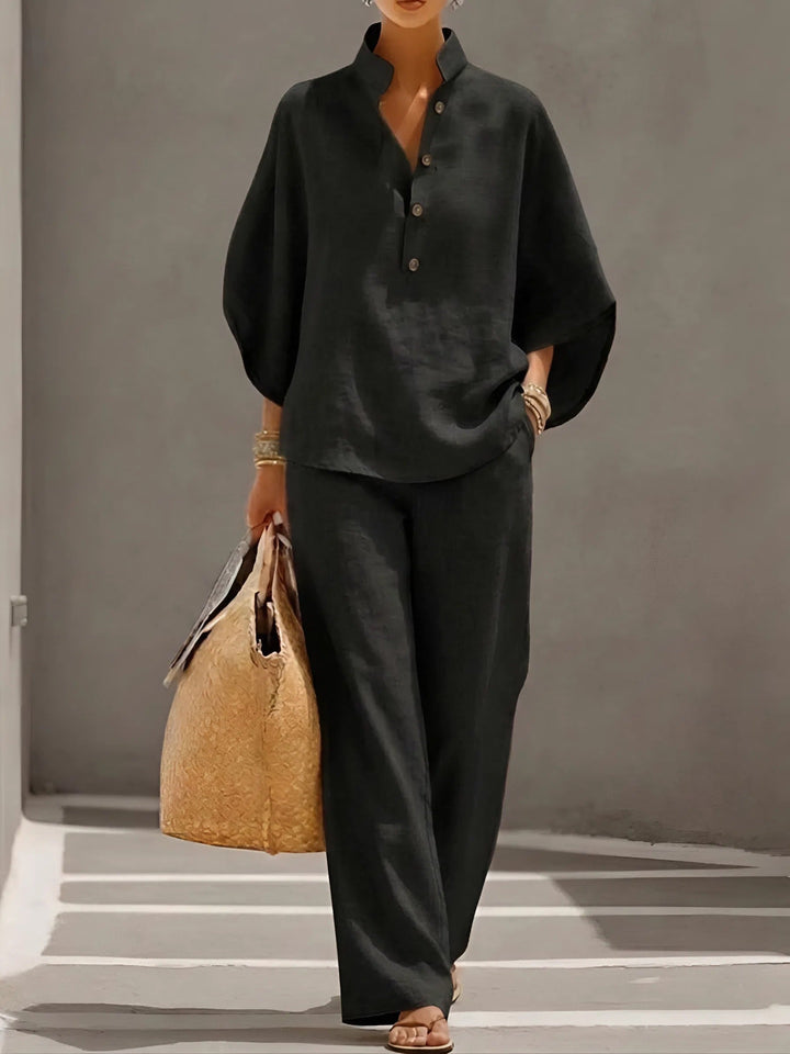 Tabitha | Women's Button Up Blouse Relaxed Set - Beige - Image 5